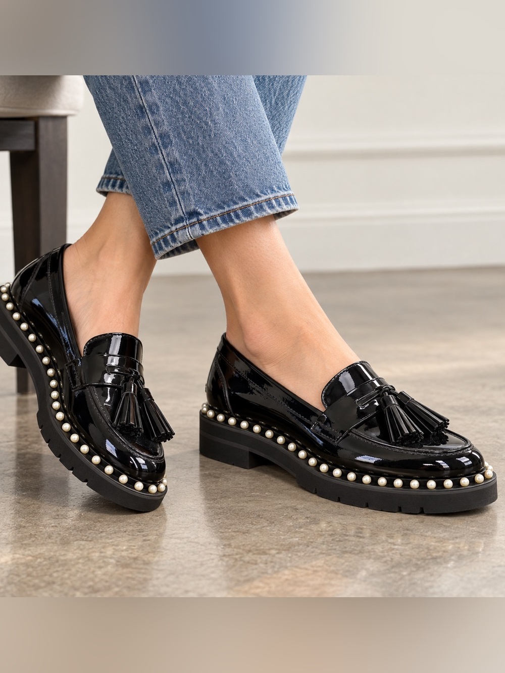 Black patent pearl embellished Stuart Weitzman loafers, 6.5/37 New
